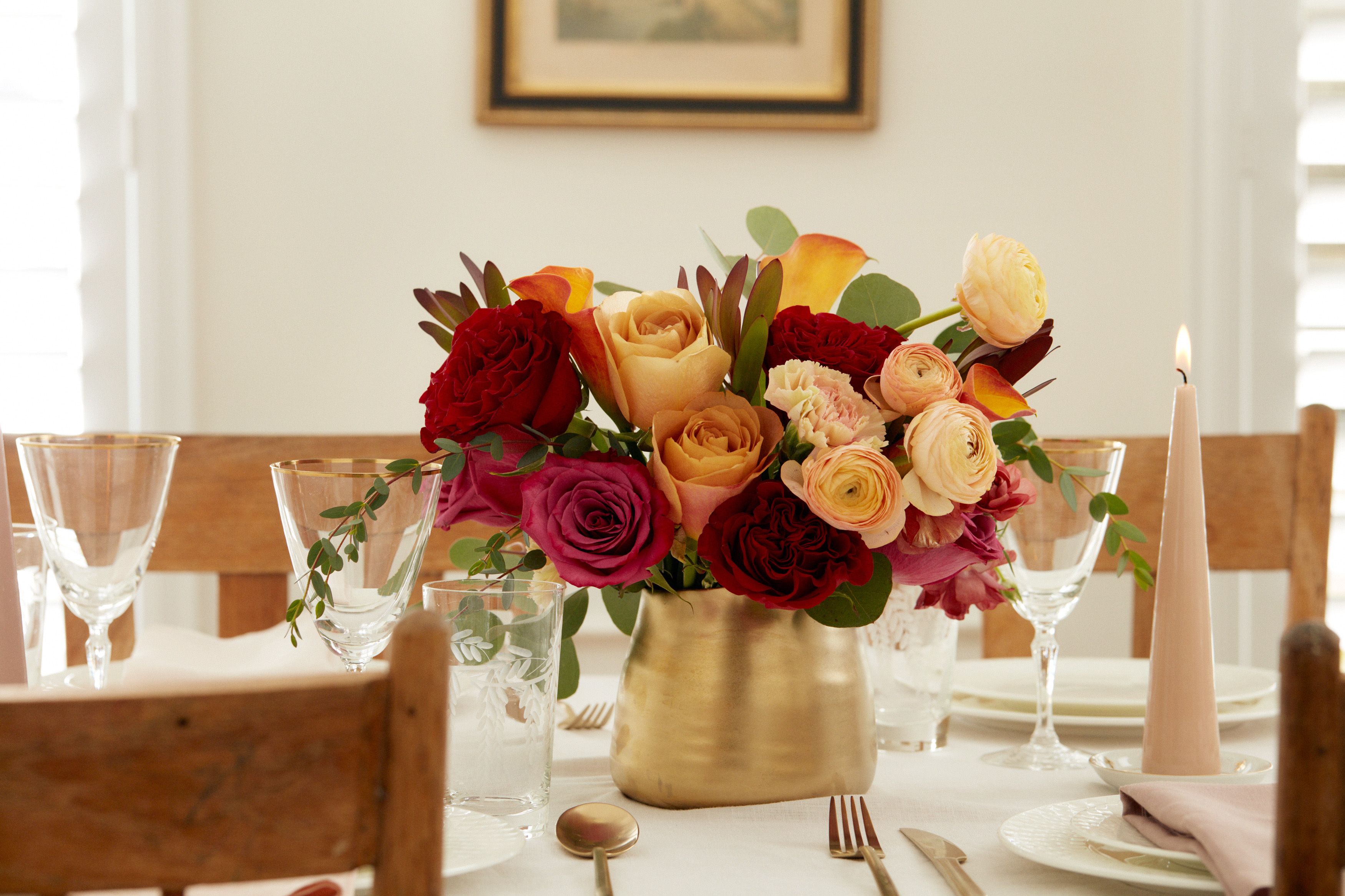 The Gold Rush, a floral centerpiece featured during a holiday evening party.