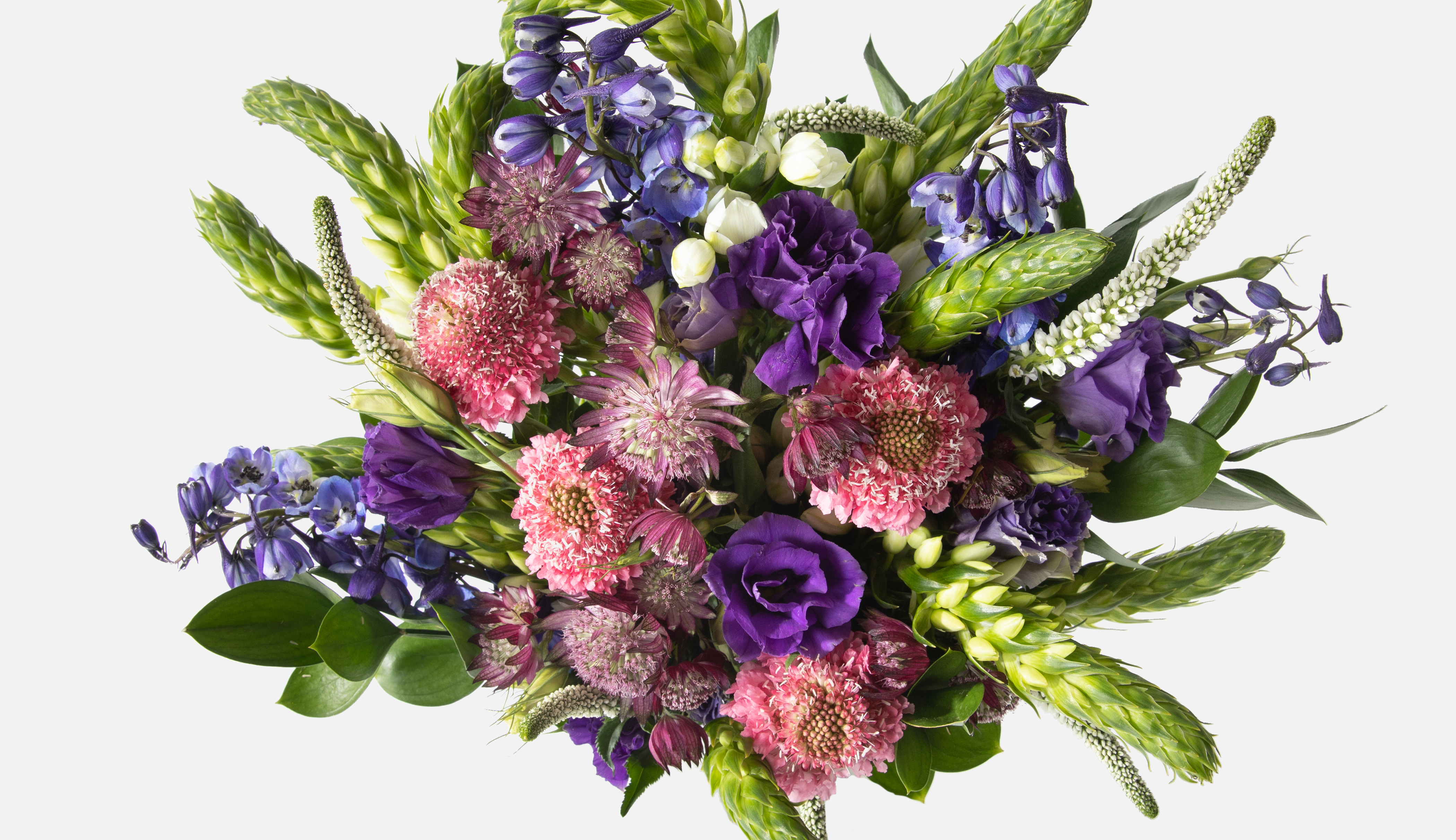 Top down view of a flower bouquet with delphiniums