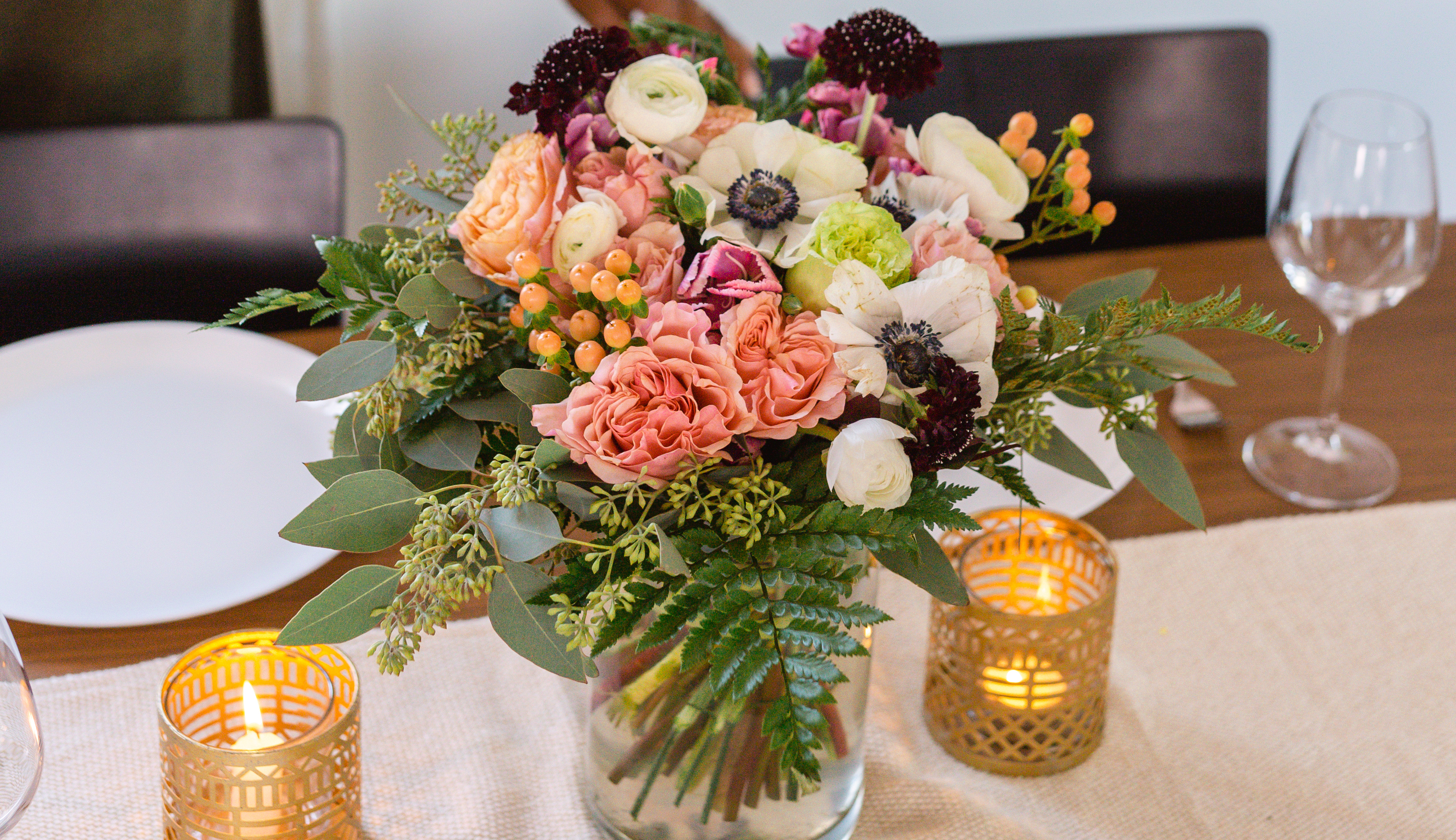 Fall table decor with beautiful fall floral bouquet