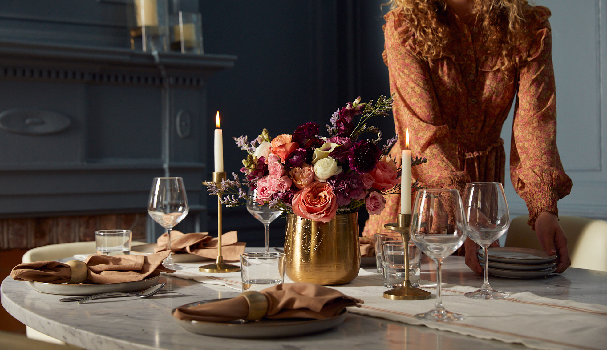 Fall table setting with fresh flowers perfect for entertaining