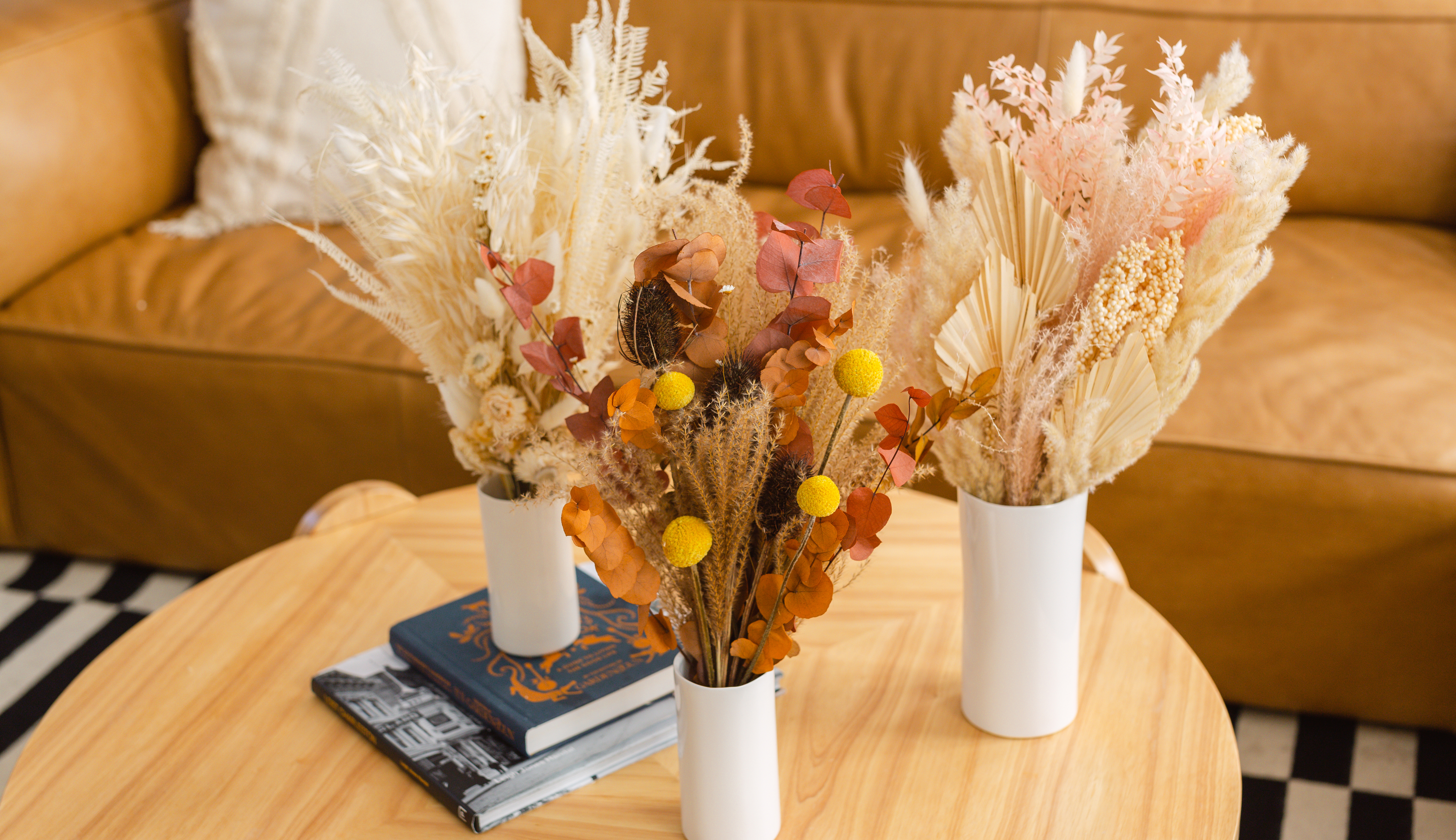 Trio of dried bouquets on a coffee table