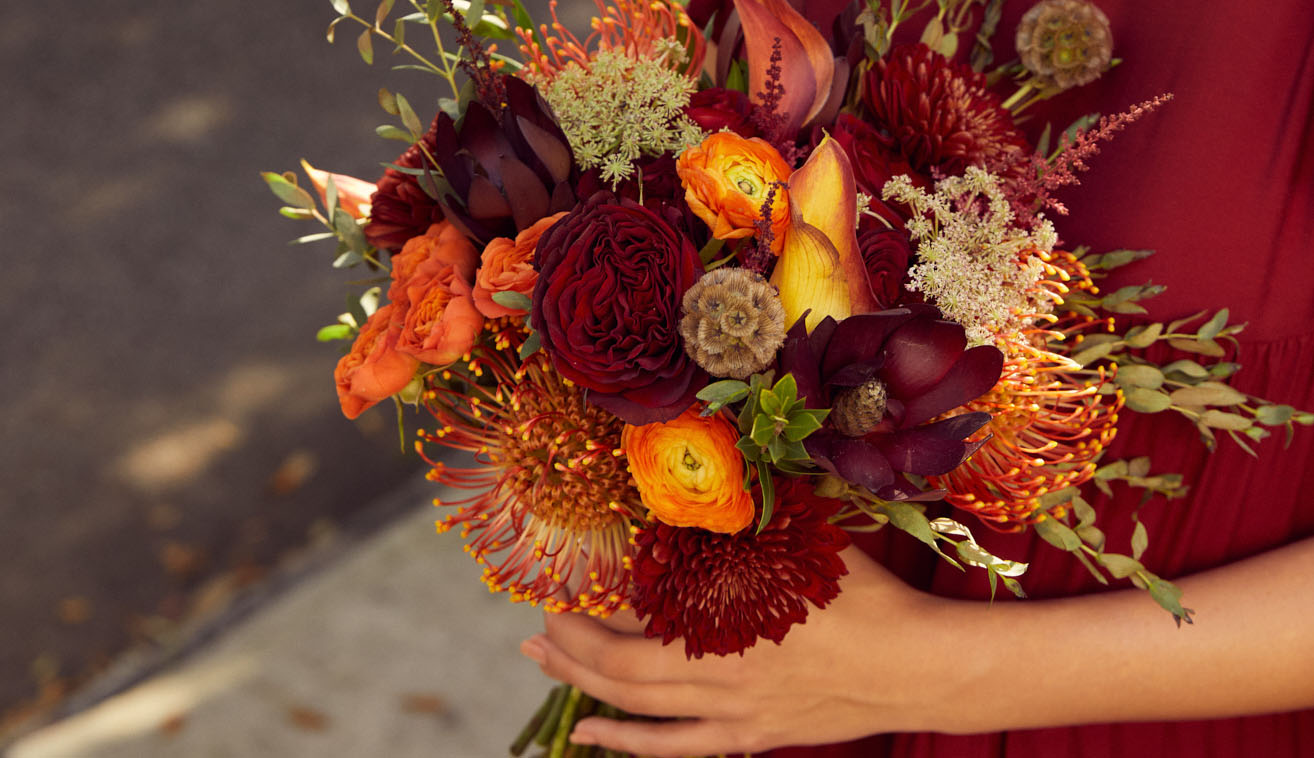 Woman's hands holding bouquets of mums and other fall flowers