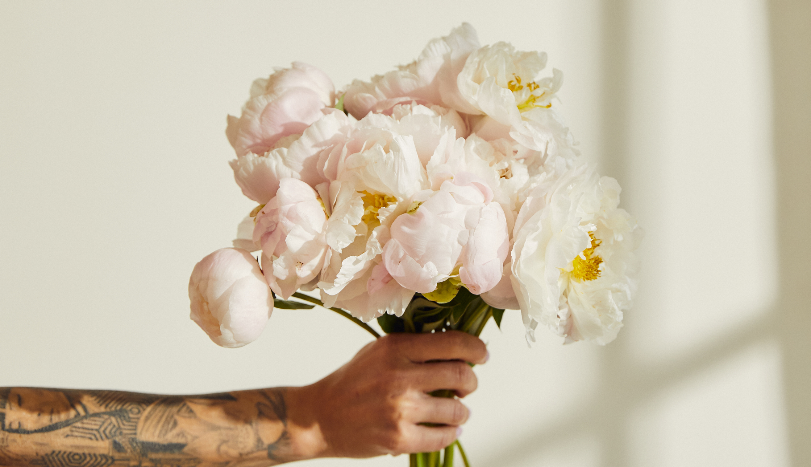 Hand holding bouquet of pale peonies