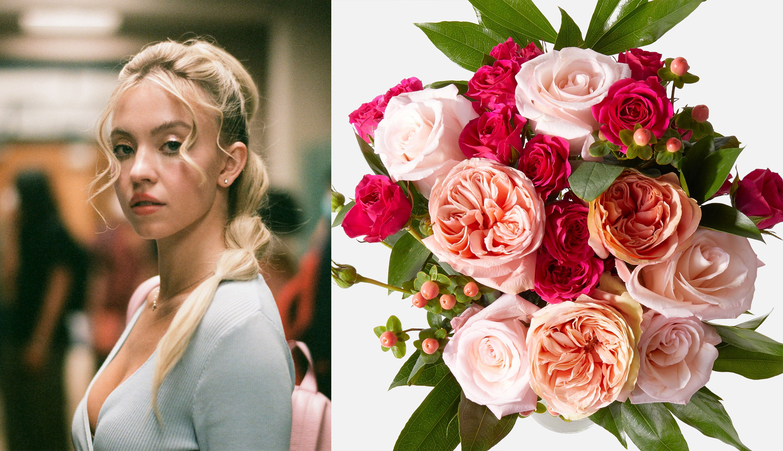 Cassie from Euphoria side by side with a pink flower bouquet