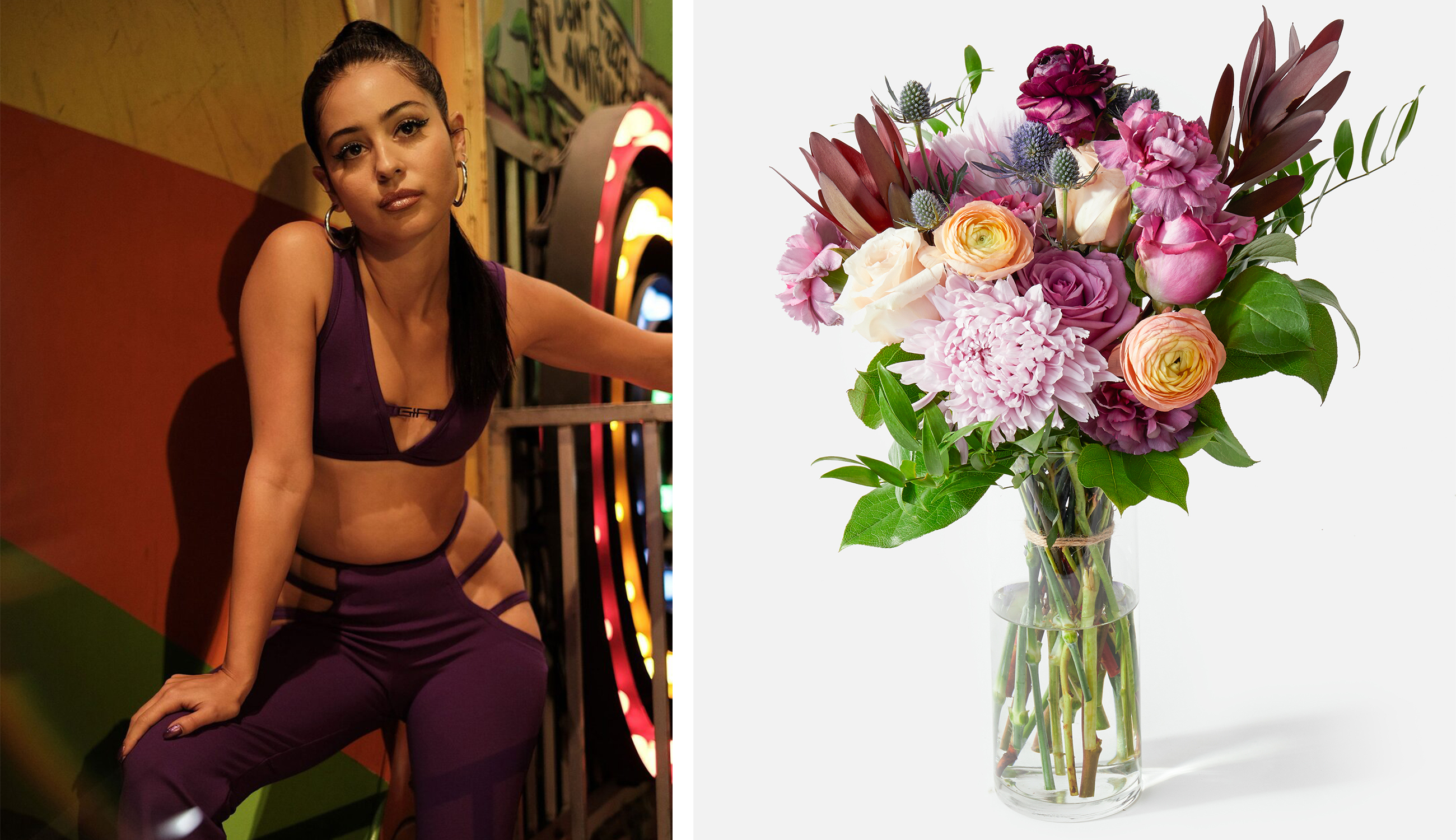 Maddy from Euphoria side by side with a purple flower bouquet