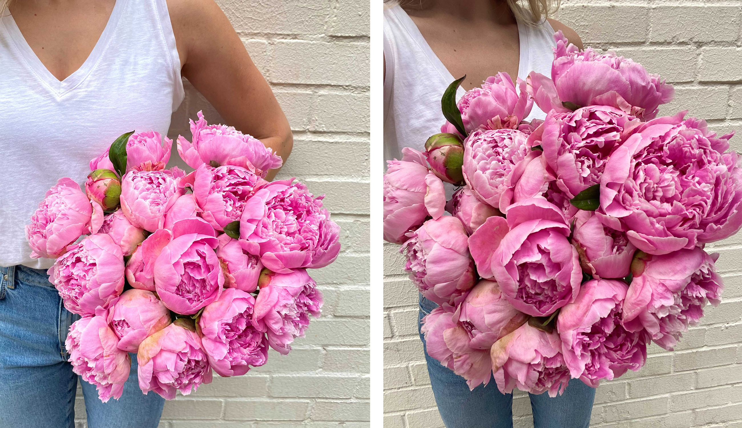 Woman holding a large bouquet of pink peony flowers.
