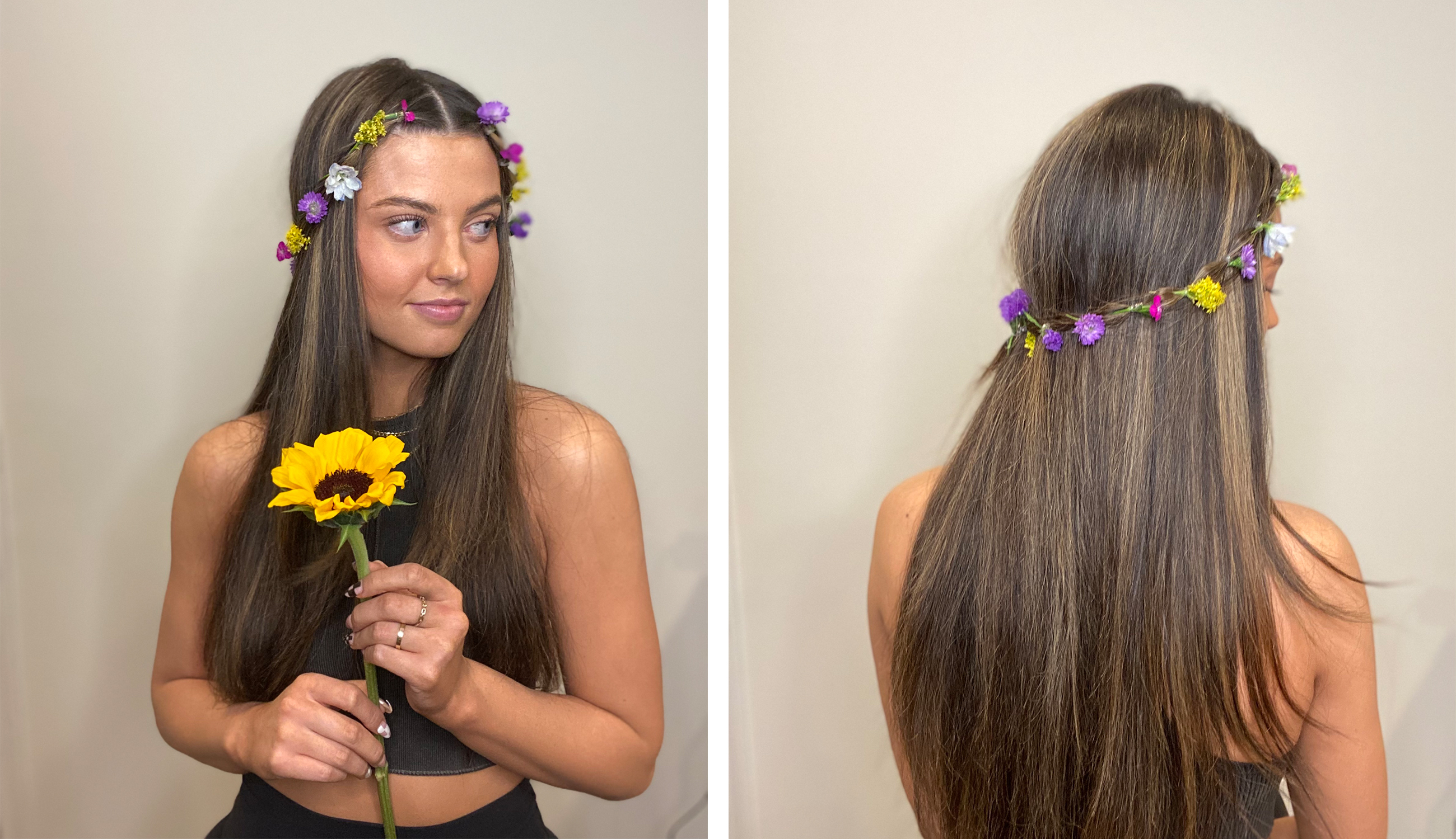 Model displaying festival hairstyle with fresh flowers