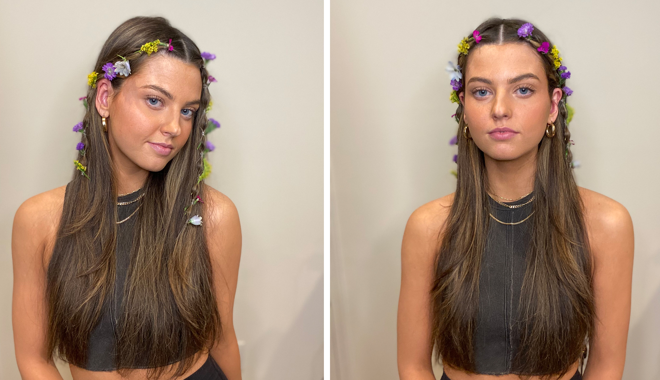 Model showing off hairstyle designed for festival season with fresh flowers