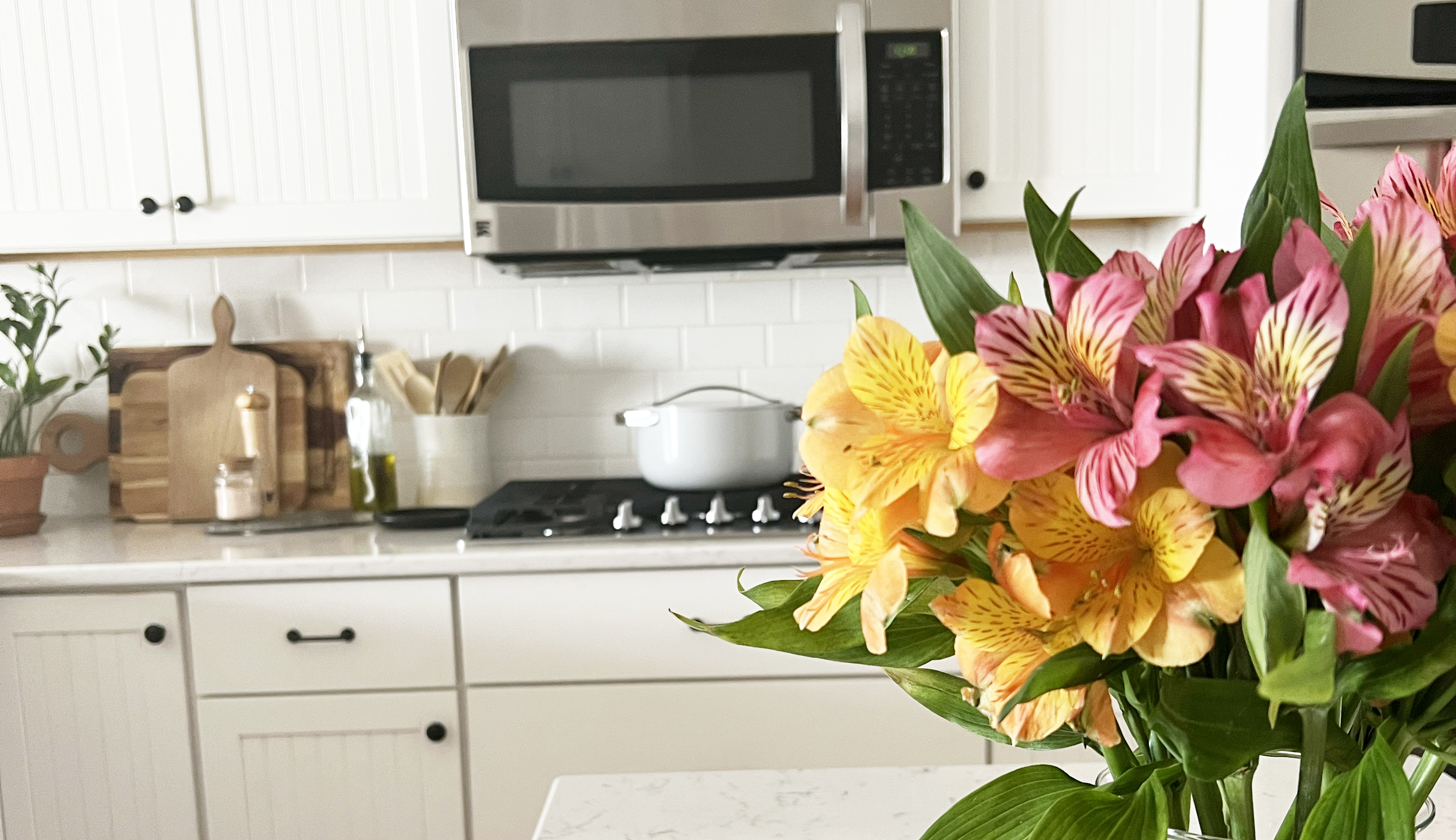 Close up on Mother's Day flowers in Annesa's kitchen