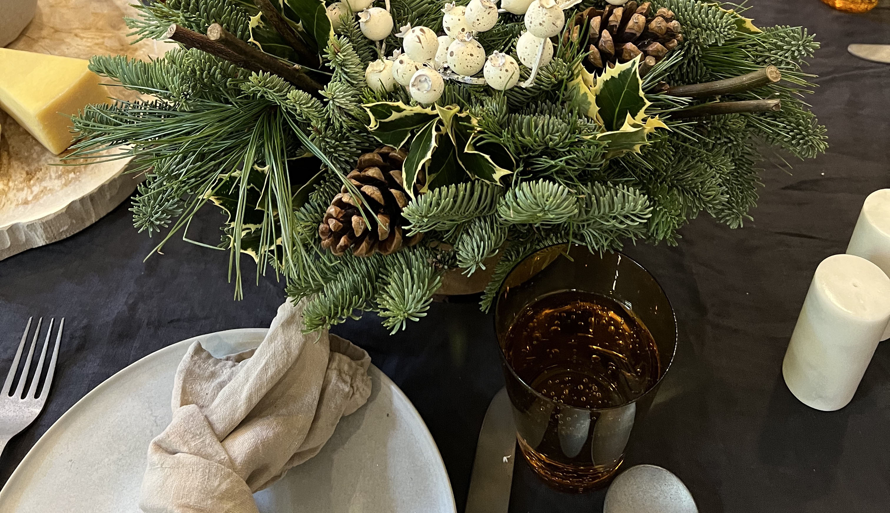 Table set for Christmas with Christmas flowers