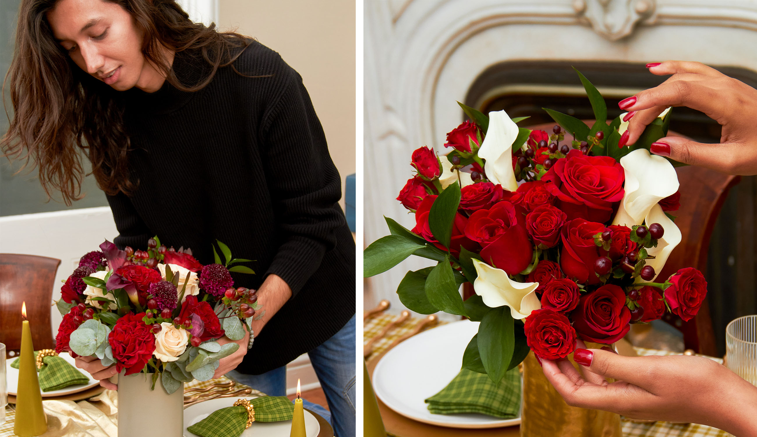 Justin from UrbanStems setting the table with holiday flowers